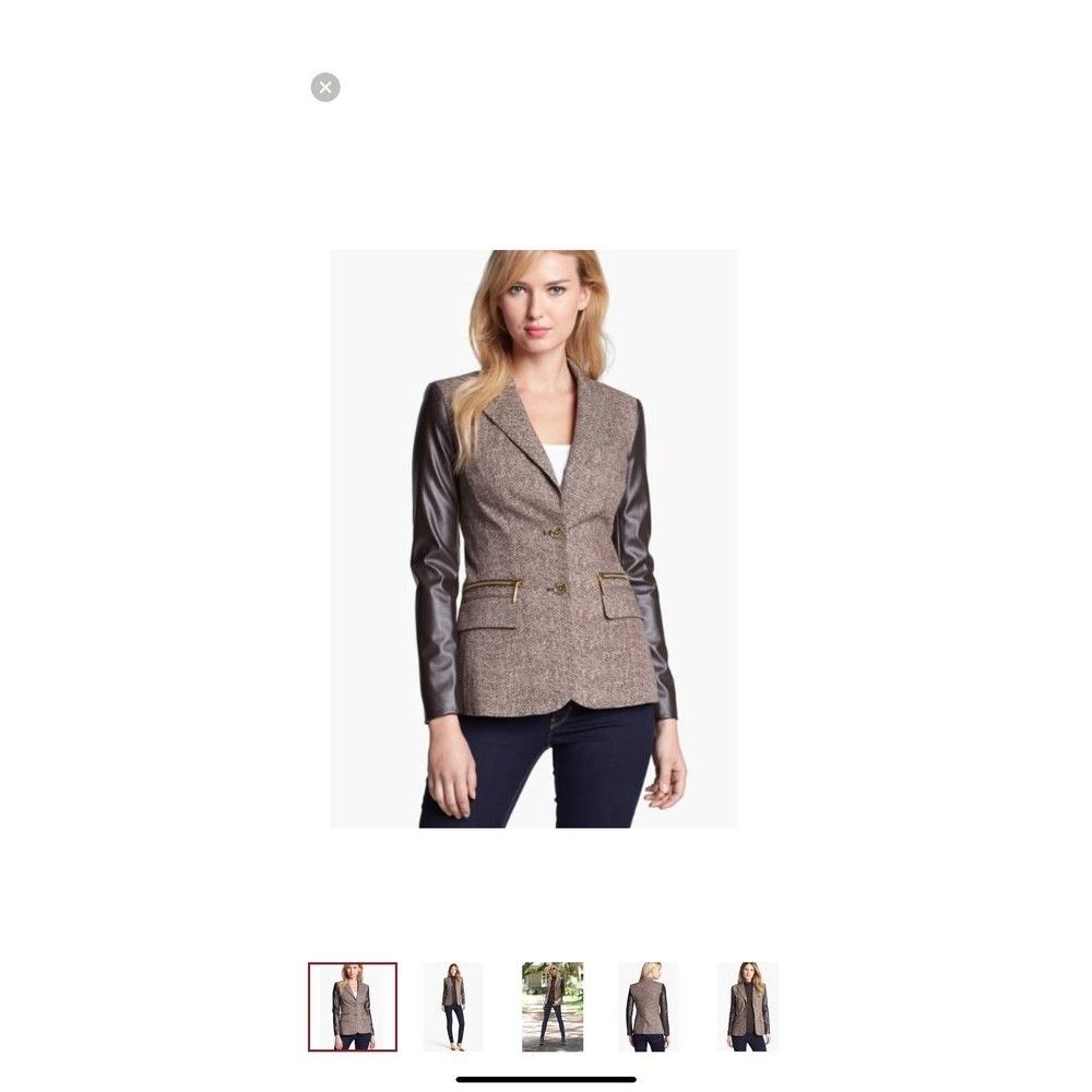 Michael Kors Women Jacket Brown Faux Leather Sleeve Tweed Size 4